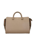 Burberry beige leather handbag with structured design and top handles, featuring signature check pattern and gold-tone hardware.