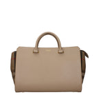 Burberry beige leather handbag with structured design and top handles, featuring signature check pattern and gold-tone hardware.