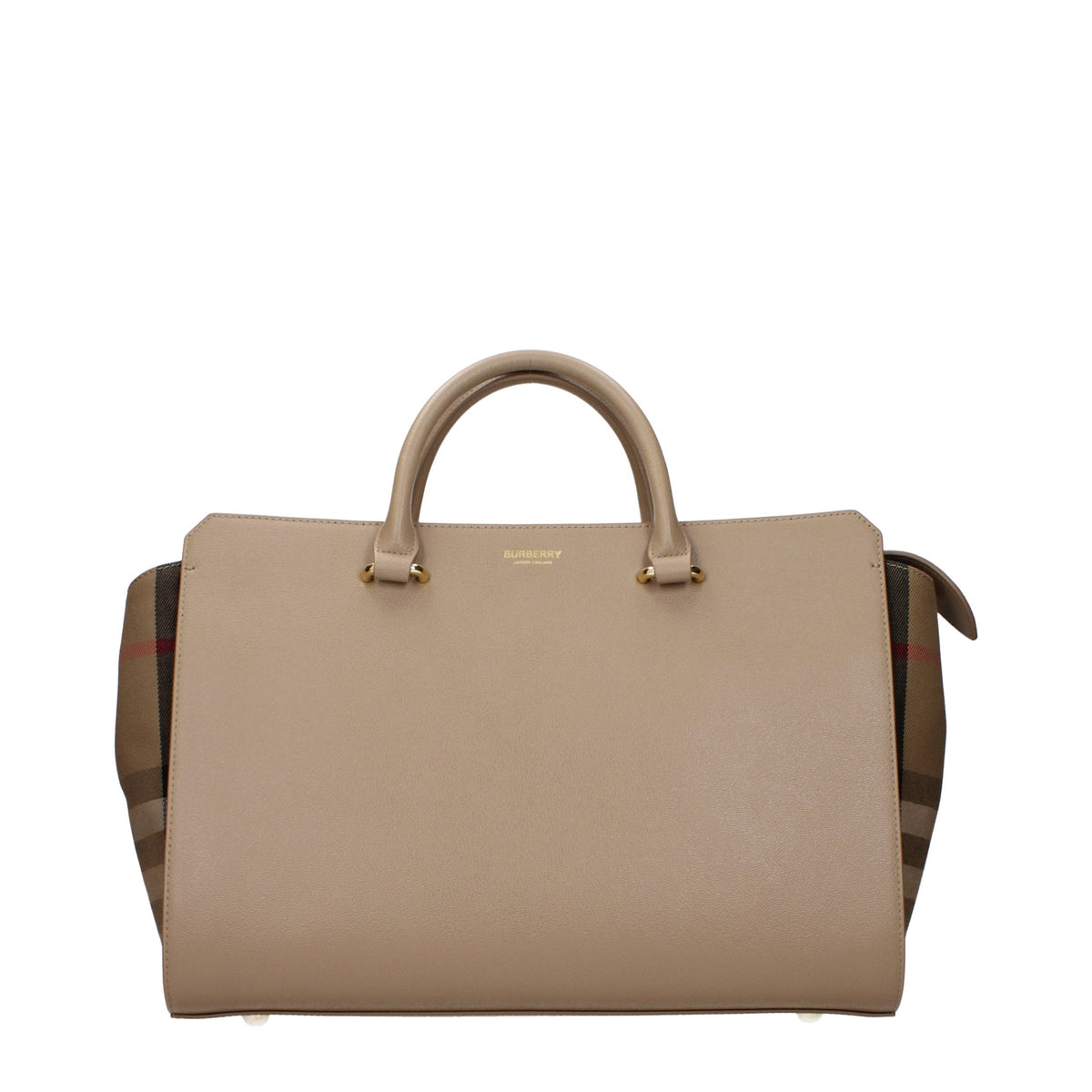 Burberry beige leather handbag with structured design and top handles, featuring signature check pattern and gold-tone hardware.