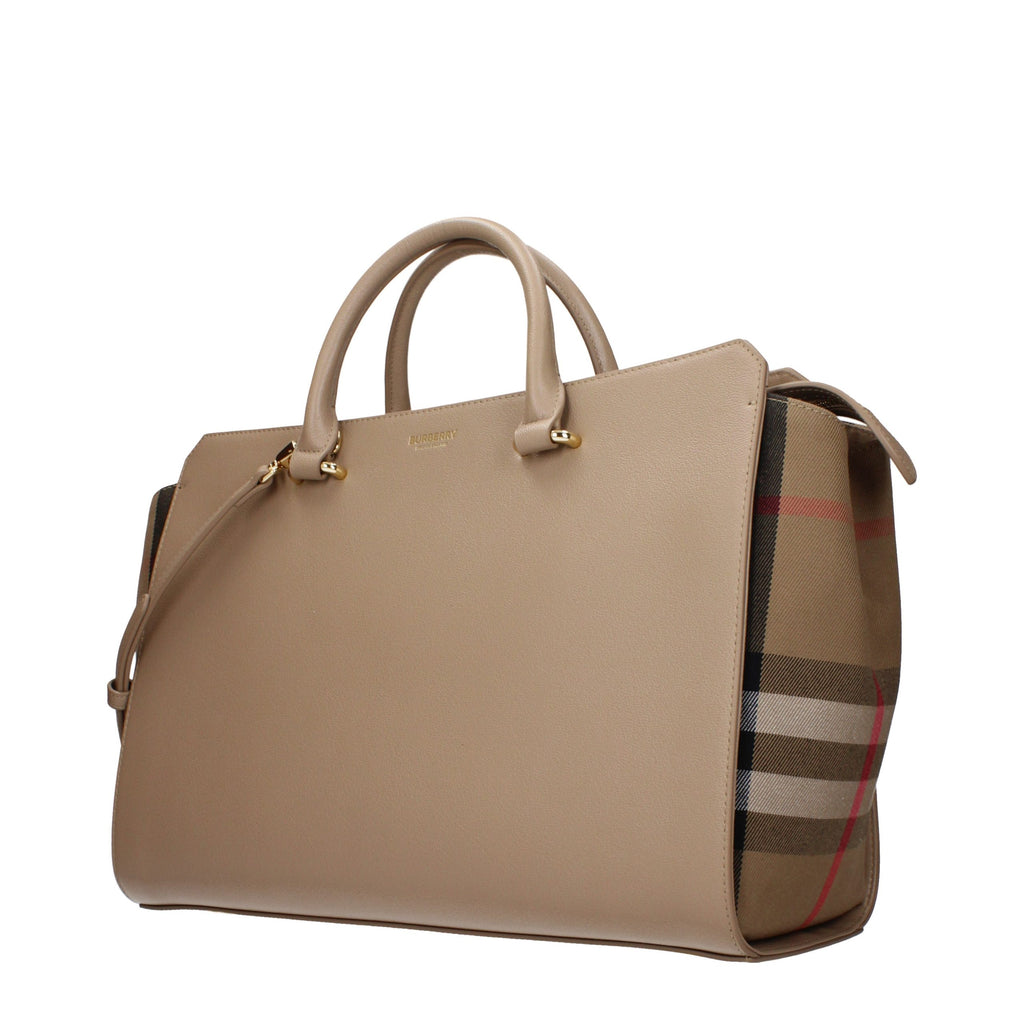Burberry beige leather handbag with classic design and gold-tone hardware, featuring adjustable shoulder strap and logo detail.