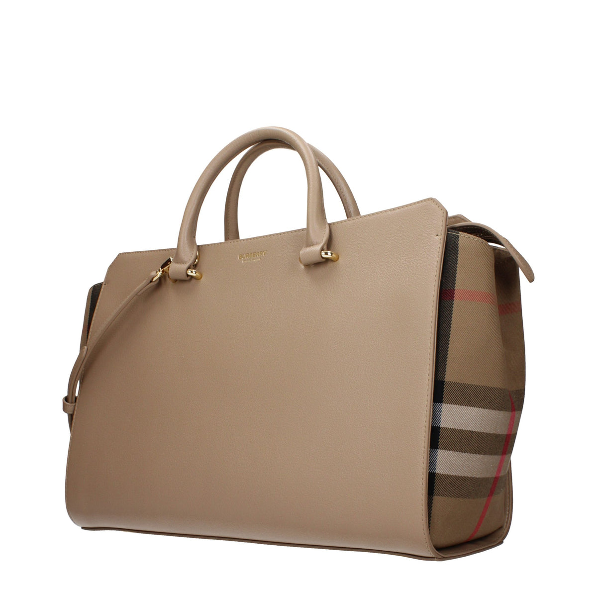 Burberry beige leather handbag with classic design and gold-tone hardware, featuring adjustable shoulder strap and logo detail.