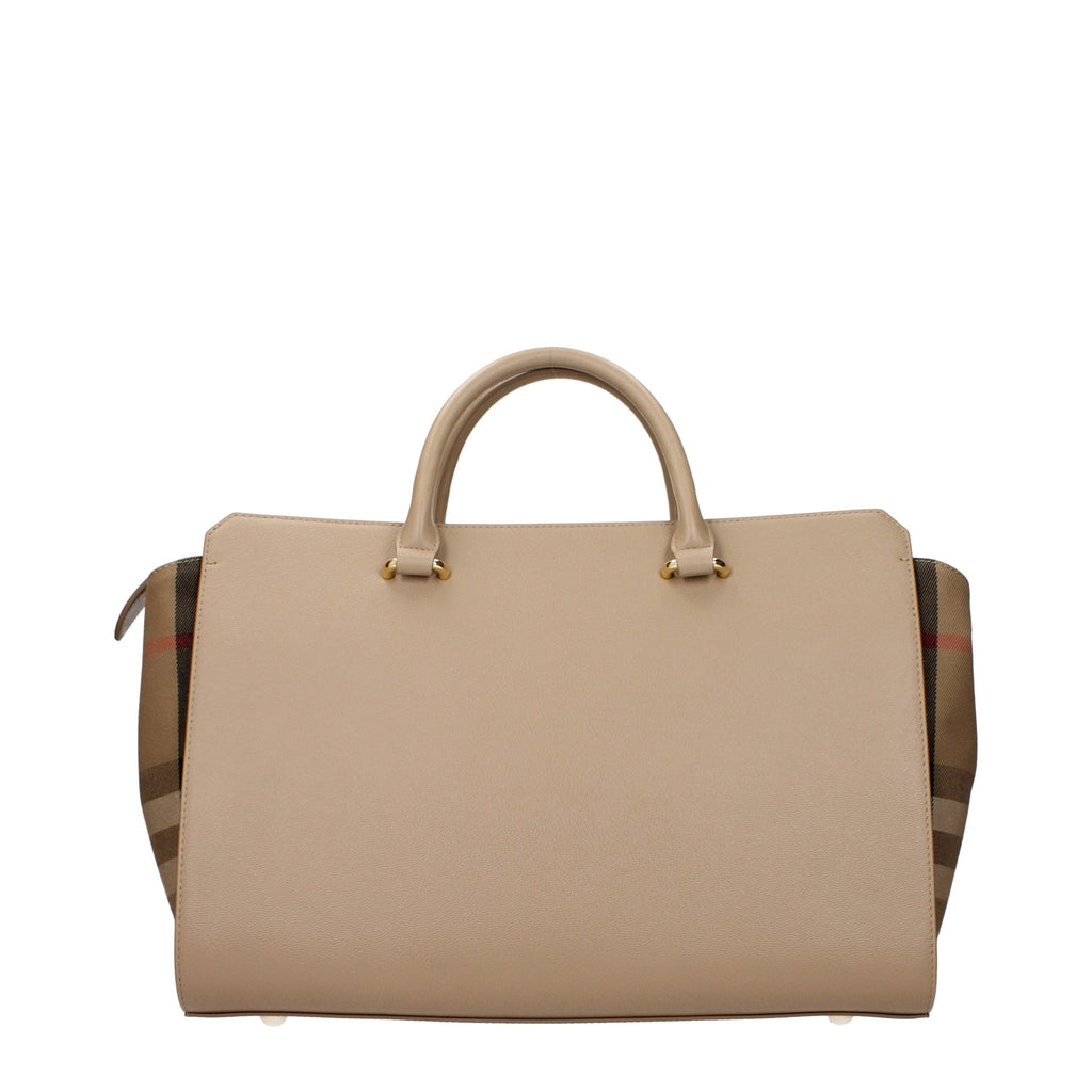 Burberry beige leather handbag with classic design, featuring sleek handles and subtle branding details.