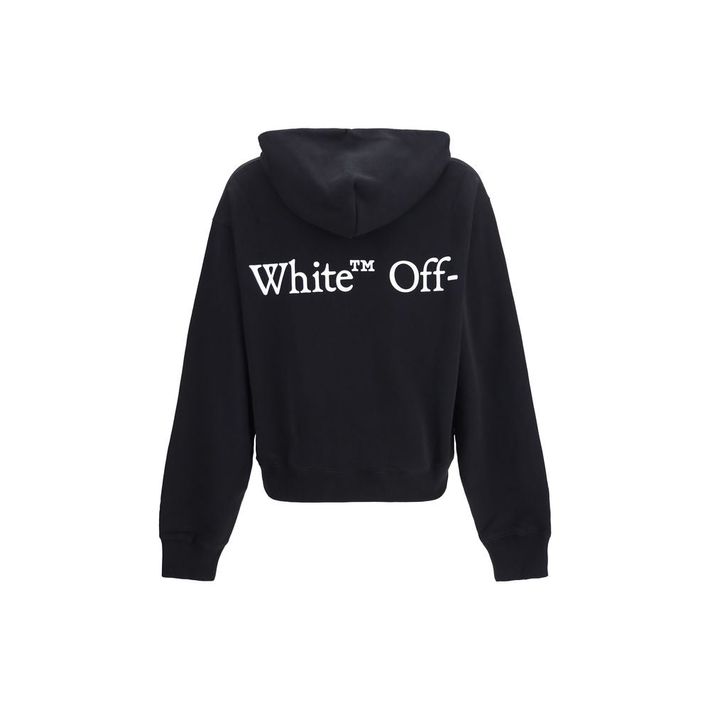Off-White black cotton sweatshirt with logo print and relaxed fit, displayed on a hanger.