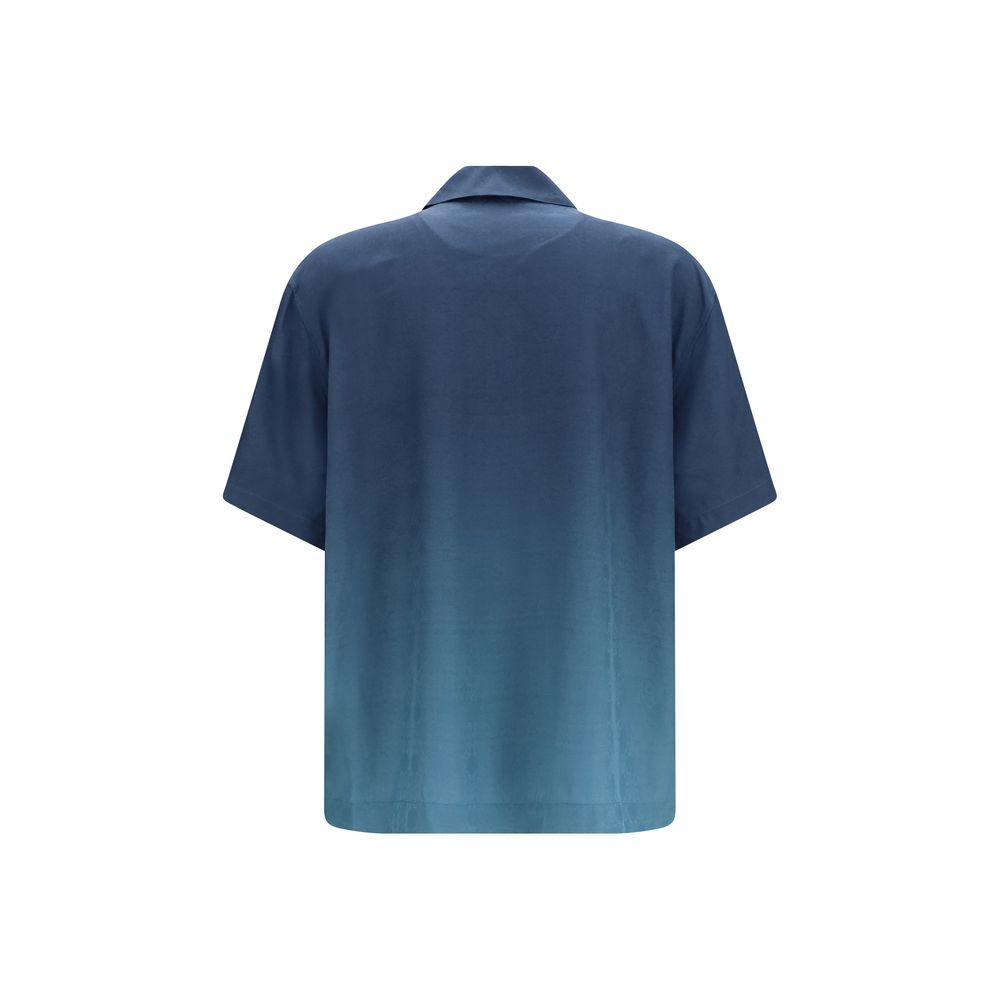 Off-White blue viscose patterned shirt with a relaxed fit and stylish design, displayed on a hanger.