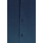Off-White blue viscose shirt with a patterned design, long sleeves, and a classic collar, displayed on a hanger.