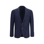 Lardini blue wool Aries jacket with tailored fit and classic lapel, displayed on a hanger.