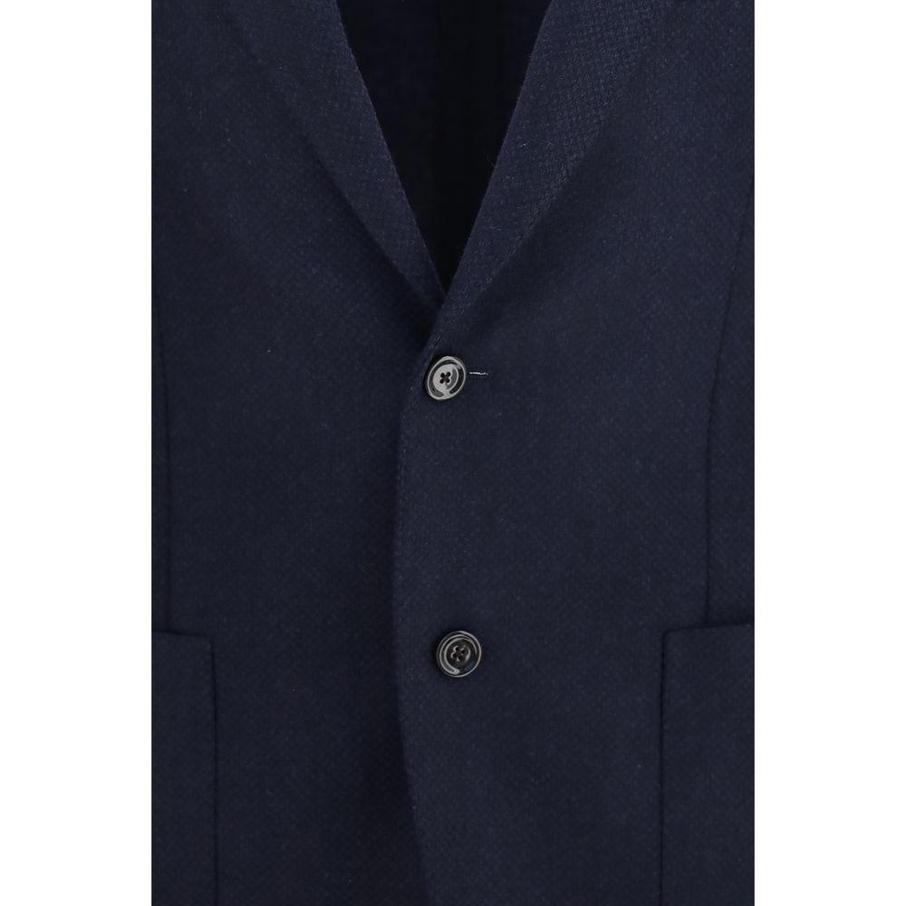 Lardini blue wool Aries jacket with tailored fit, featuring a classic collar and button front, displayed on a hanger.