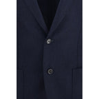 Lardini blue wool Aries jacket with tailored fit, featuring a classic collar and button front, displayed on a hanger.