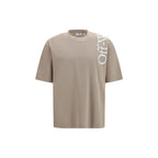 Off-White beige cotton T-shirt with logo detail, casual fit, and soft fabric, displayed on a plain background.