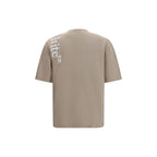 Off-White beige cotton T-shirt with logo graphic, casual fit, short sleeves, and round neckline.