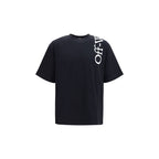Black cotton T-shirt by Off-White with signature branding and modern streetwear style, displayed flat on a white background.