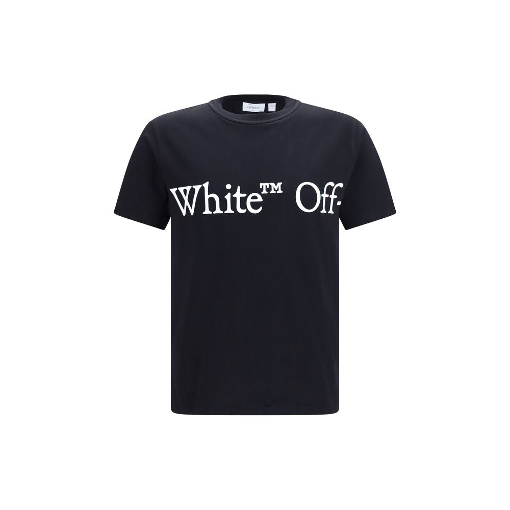 Black Off-White cotton T-shirt with logo print, short sleeves, and crew neckline, displayed on a plain background.