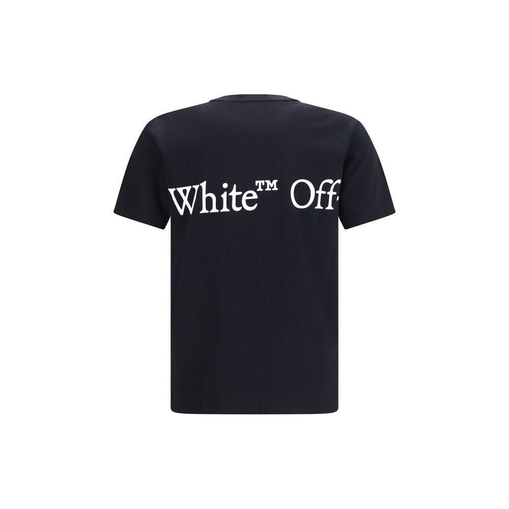 Black cotton Off-White T-shirt with logo design, casual fit, short sleeves, and round neckline.
