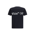 Black cotton Off-White T-shirt with logo design, casual fit, short sleeves, and round neckline.