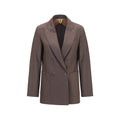 Max Mara brown cashmere blazer, tailored fit with lapel collar and button closure, displayed on a hanger.