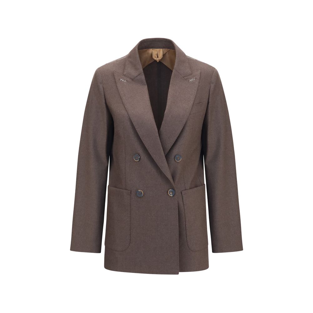 Max Mara brown cashmere blazer, tailored fit with lapel collar and button closure, displayed on a hanger.