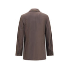 Max Mara brown cashmere blazer displayed on a hanger, showcasing a tailored fit and soft, luxurious fabric.