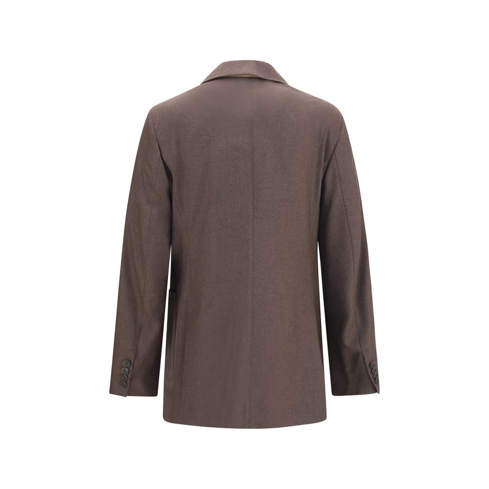 Max Mara brown cashmere blazer displayed on a hanger, showcasing a tailored fit and soft, luxurious fabric.