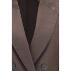 Max Mara brown cashmere blazer displayed on a hanger, showcasing a tailored fit and soft, luxurious texture.