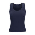 Max Mara blue viscose tank top displayed on a hanger, showcasing its lightweight fabric and simple, elegant design.