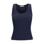 Max Mara blue viscose tank top displayed on a hanger, showcasing its lightweight fabric and simple, elegant design.