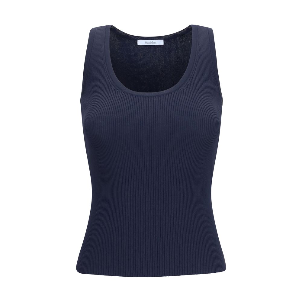 Max Mara blue viscose tank top displayed on a hanger, showcasing its lightweight fabric and simple, elegant design.