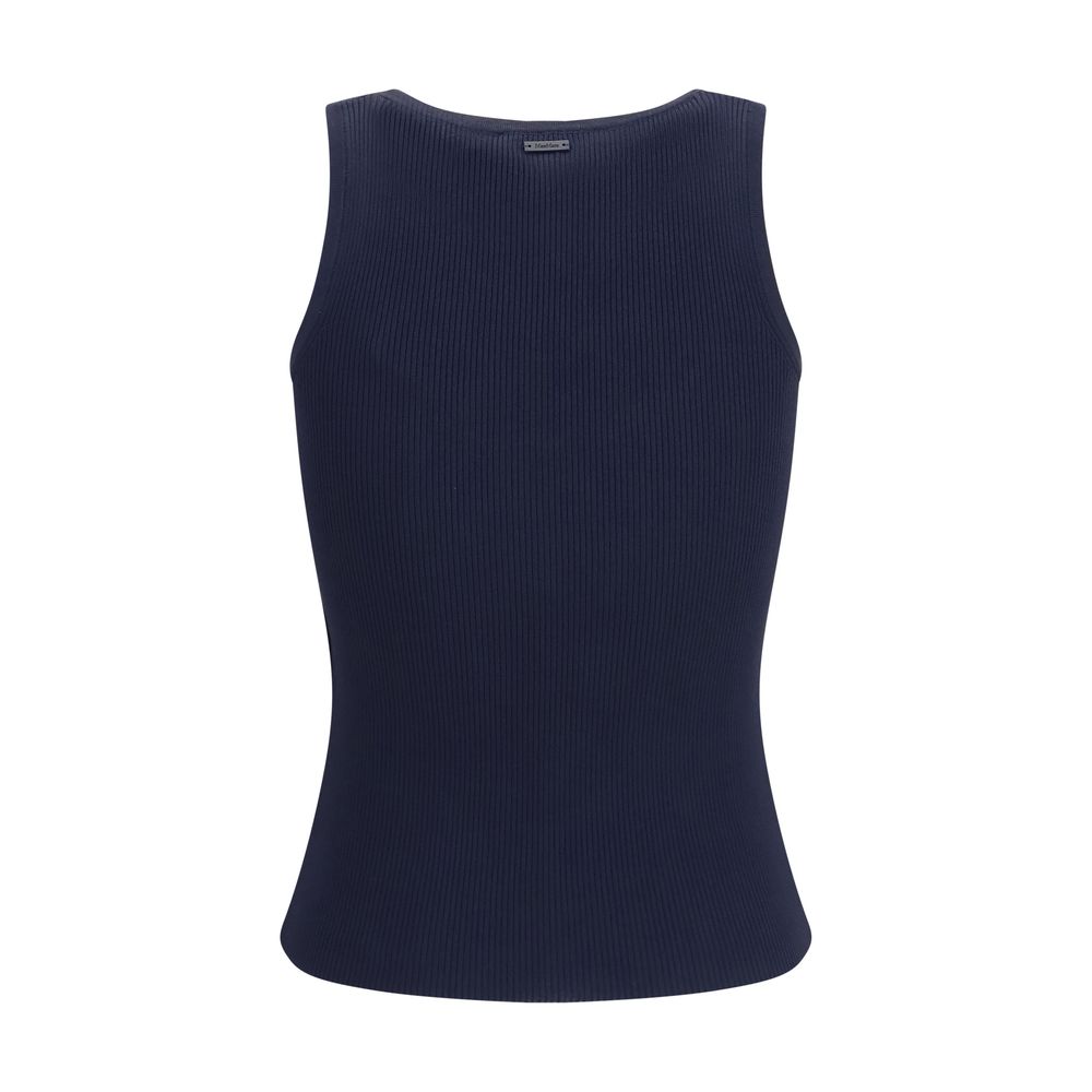 Max Mara blue viscose tank top displayed flat, showing a sleeveless, lightweight, and comfortable casual top for women.