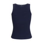Max Mara blue viscose tank top displayed flat, showing a sleeveless, lightweight, and comfortable casual top for women.