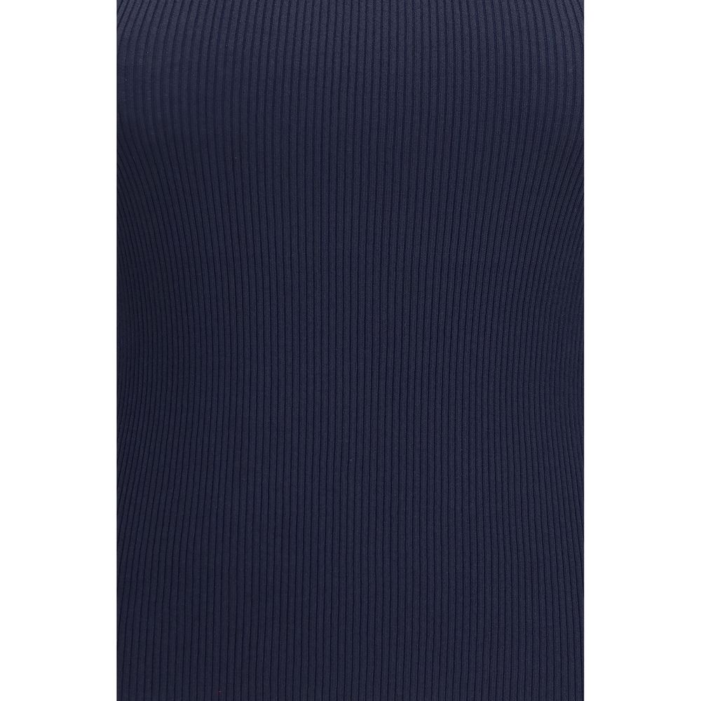 Max Mara blue viscose tank top displayed flat, showing lightweight, sleeveless design with a scoop neckline and smooth fabric.