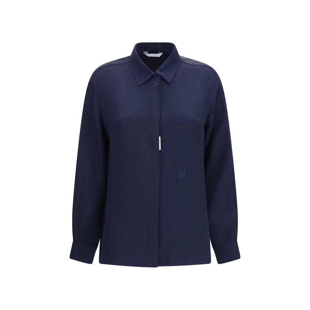Max Mara blue silk shirt displayed on a hanger, showcasing its smooth fabric and classic collar.