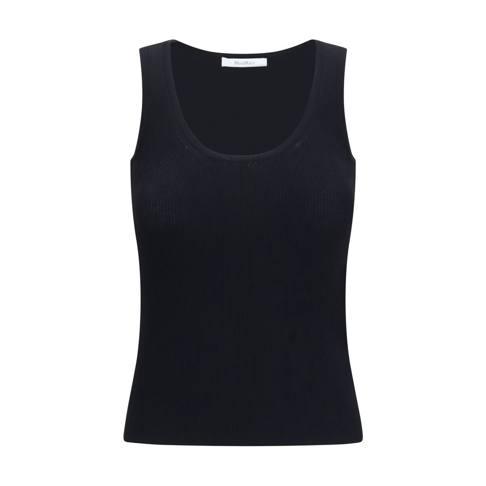 Black Max Mara viscose tank top displayed on a hanger, showcasing a sleek sleeveless design and smooth fabric.
