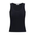 Black Max Mara viscose tank top displayed on a hanger, showcasing a sleek sleeveless design and smooth fabric.