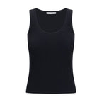 Black Max Mara viscose tank top displayed on a hanger, showcasing a sleek sleeveless design and smooth fabric.