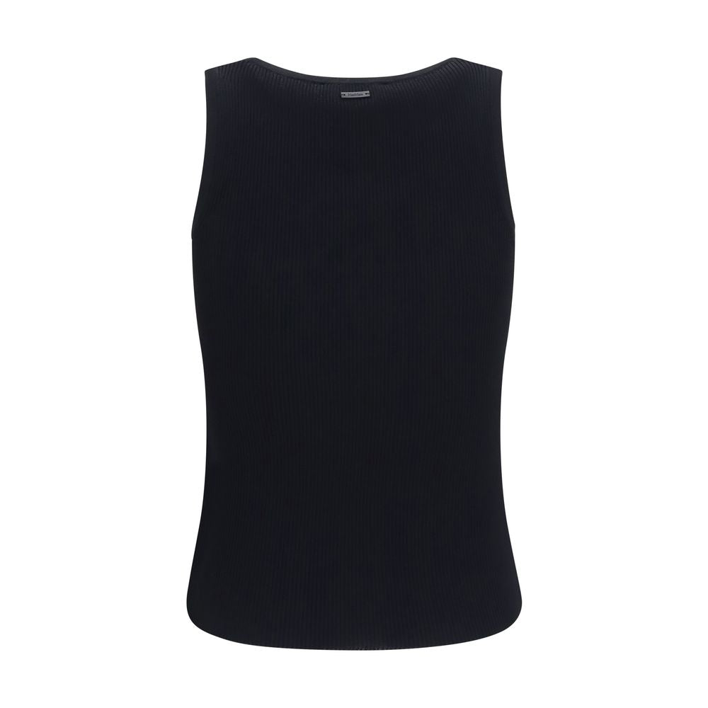 Black Max Mara viscose tank top displayed on a model, featuring a sleeveless design and relaxed fit.