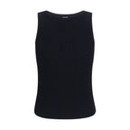 Black Max Mara viscose tank top displayed on a model, featuring a sleeveless design and relaxed fit.