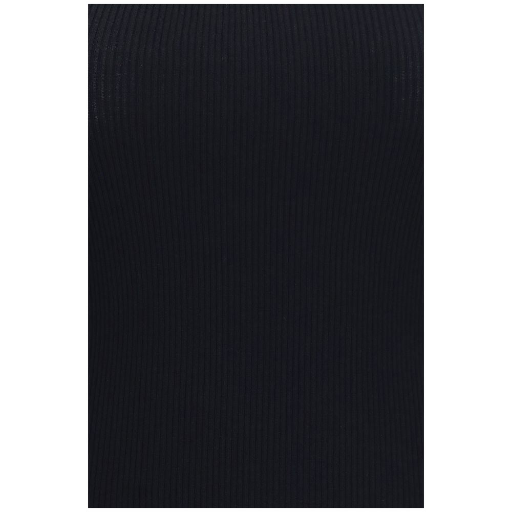 Max Mara black viscose tank top, sleeveless and fitted, shown on a model showcasing lightweight, soft fabric and classic style.