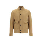Lardini beige wool full-length Aries jacket with a tailored fit and classic collar, displayed on a hanger.