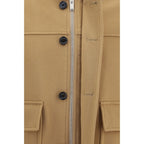 Lardini beige wool full-length Aries Oves jacket, tailored with a classic fit and lapel collar, displayed on a hanger.