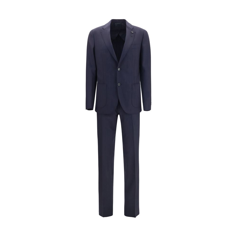 Lardini blue wool Aries two-piece suit with notch lapel jacket and matching trousers, tailored for a sophisticated look.
