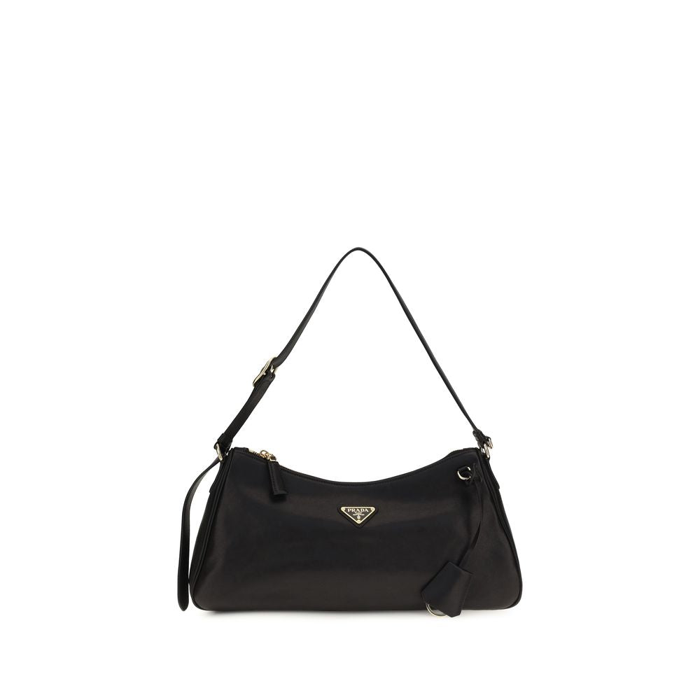 Prada black calf leather Bos Taurus shoulder bag with structured design and top handle, featuring subtle logo details.