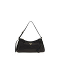 Prada black calf leather Bos Taurus shoulder bag with structured design and top handle, featuring subtle logo details.