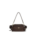 Prada brown Napa leather shoulder bag with calf Bos Taurus accents, stylish and elegant accessory for everyday use.