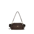 Prada brown Napa leather shoulder bag with calf Bos Taurus accents, stylish and elegant accessory for everyday use.