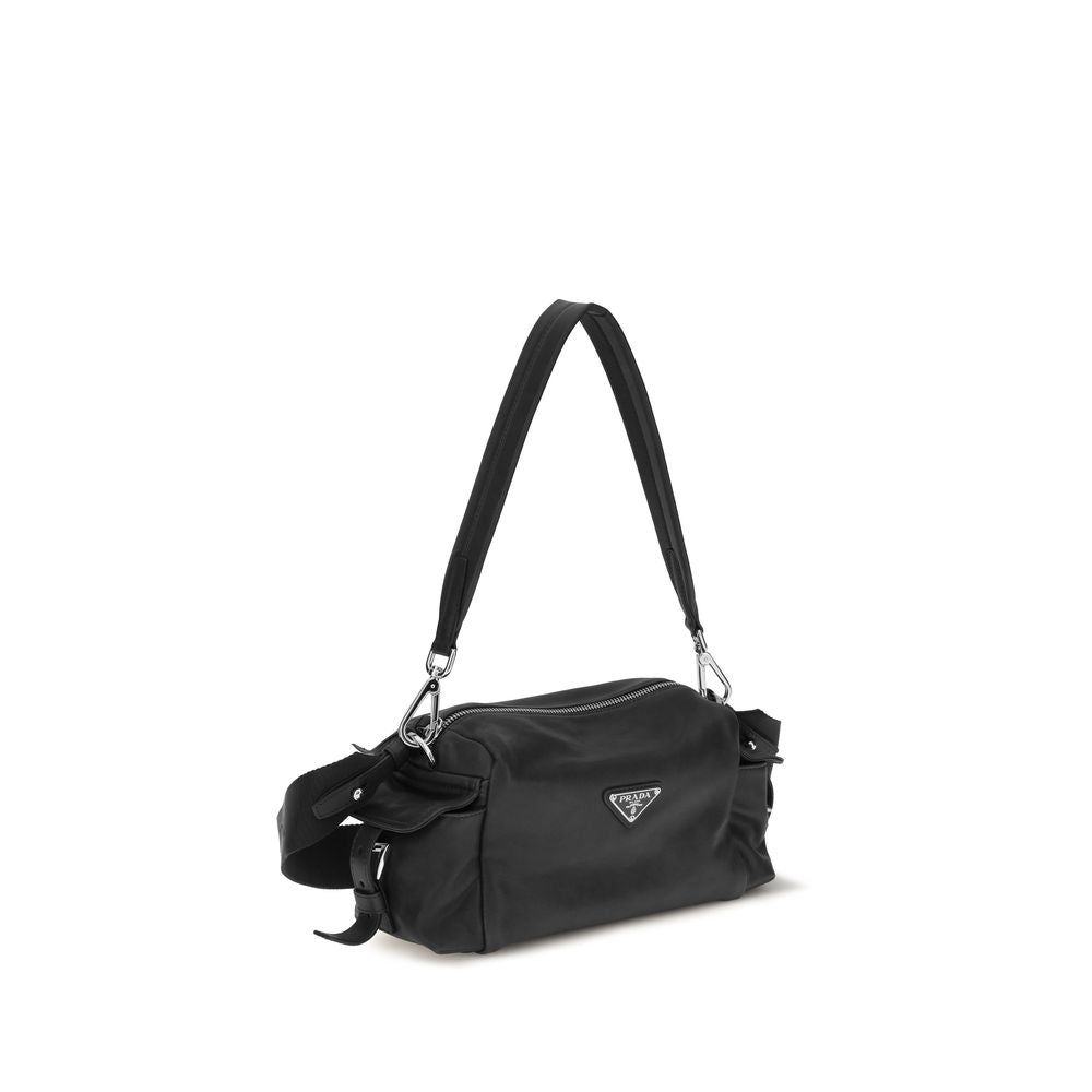 Prada brown Napa leather shoulder bag with calf Bos Taurus detailing, elegant and stylish for everyday use.