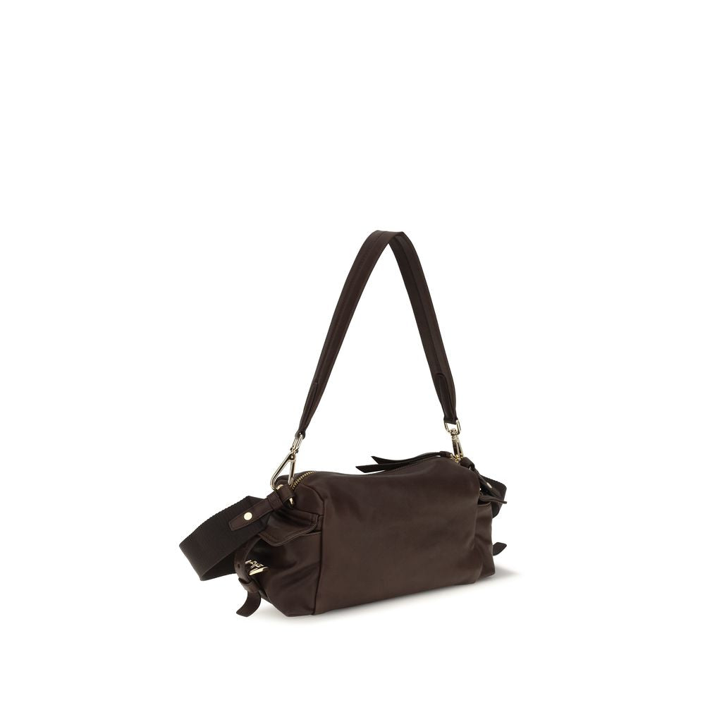Prada brown Napa leather shoulder bag with calf Bos Taurus accents, stylish and elegant accessory for women.