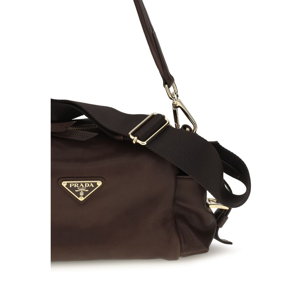 Prada brown Napa leather shoulder bag with calf Bos Taurus leather accents, stylish and elegant accessory.