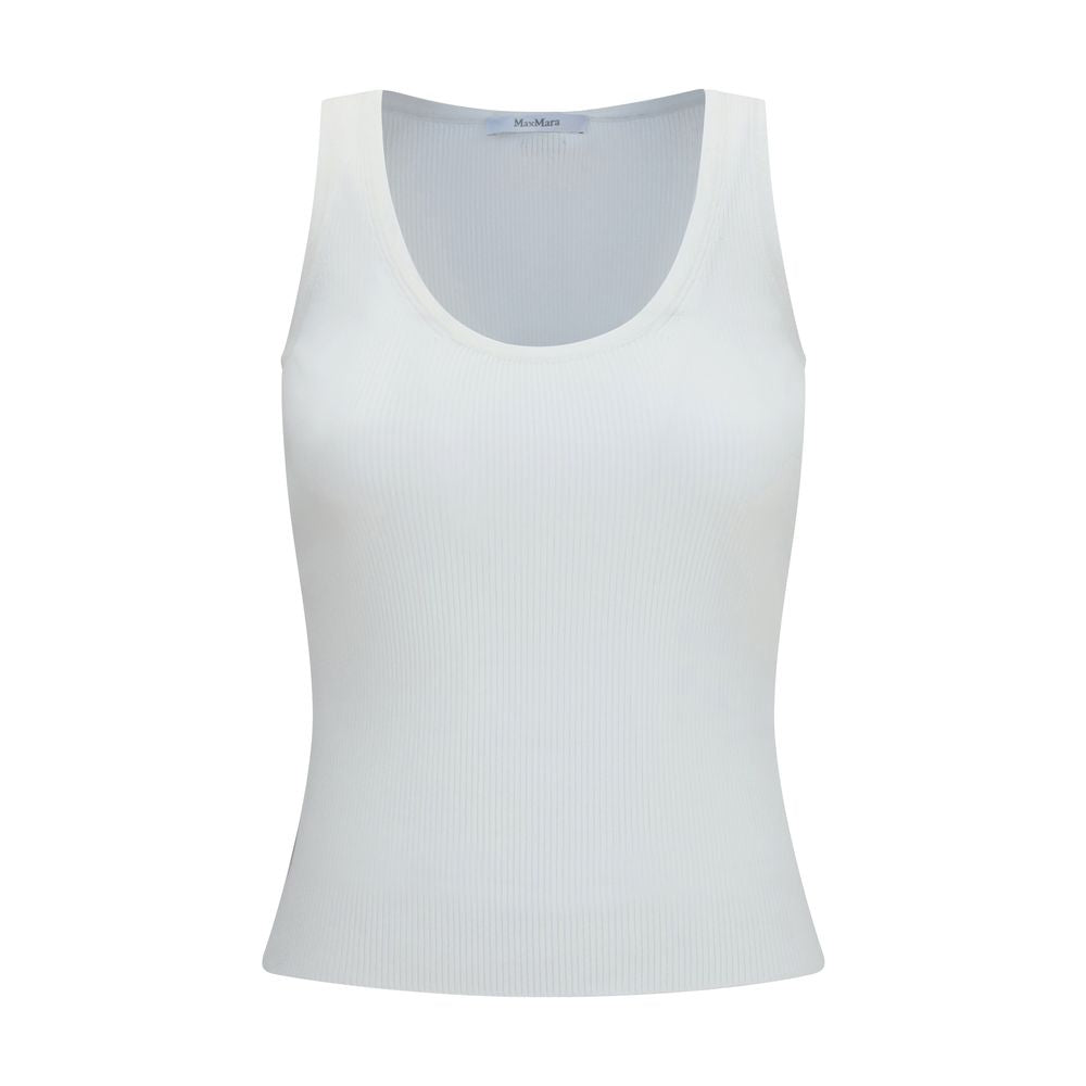 Max Mara white viscose tank top displayed on a hanger, showcasing its sleek, lightweight fabric and classic sleeveless design.