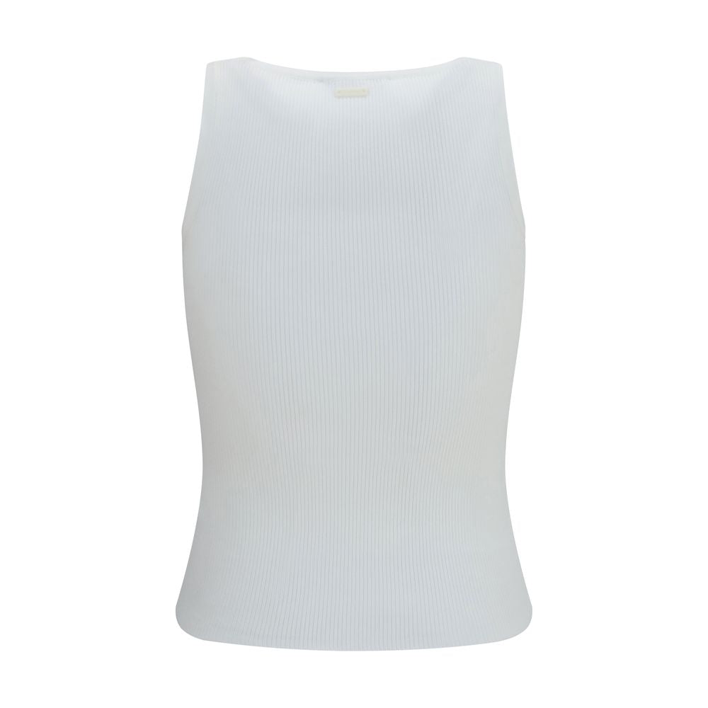 Max Mara white viscose tank top displayed on a hanger, showcasing its lightweight fabric and simple sleeveless design.