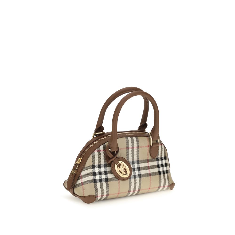 Burberry beige canvas handbag with leather accents and gold hardware, stylish designer tote for everyday use.