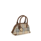 Burberry beige canvas handbag with leather accents and gold hardware, stylish designer tote for everyday use.